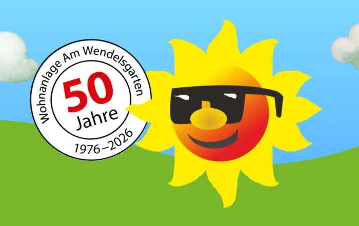 Sonne mit Sonnenbrille und Logo 50 Jahre.