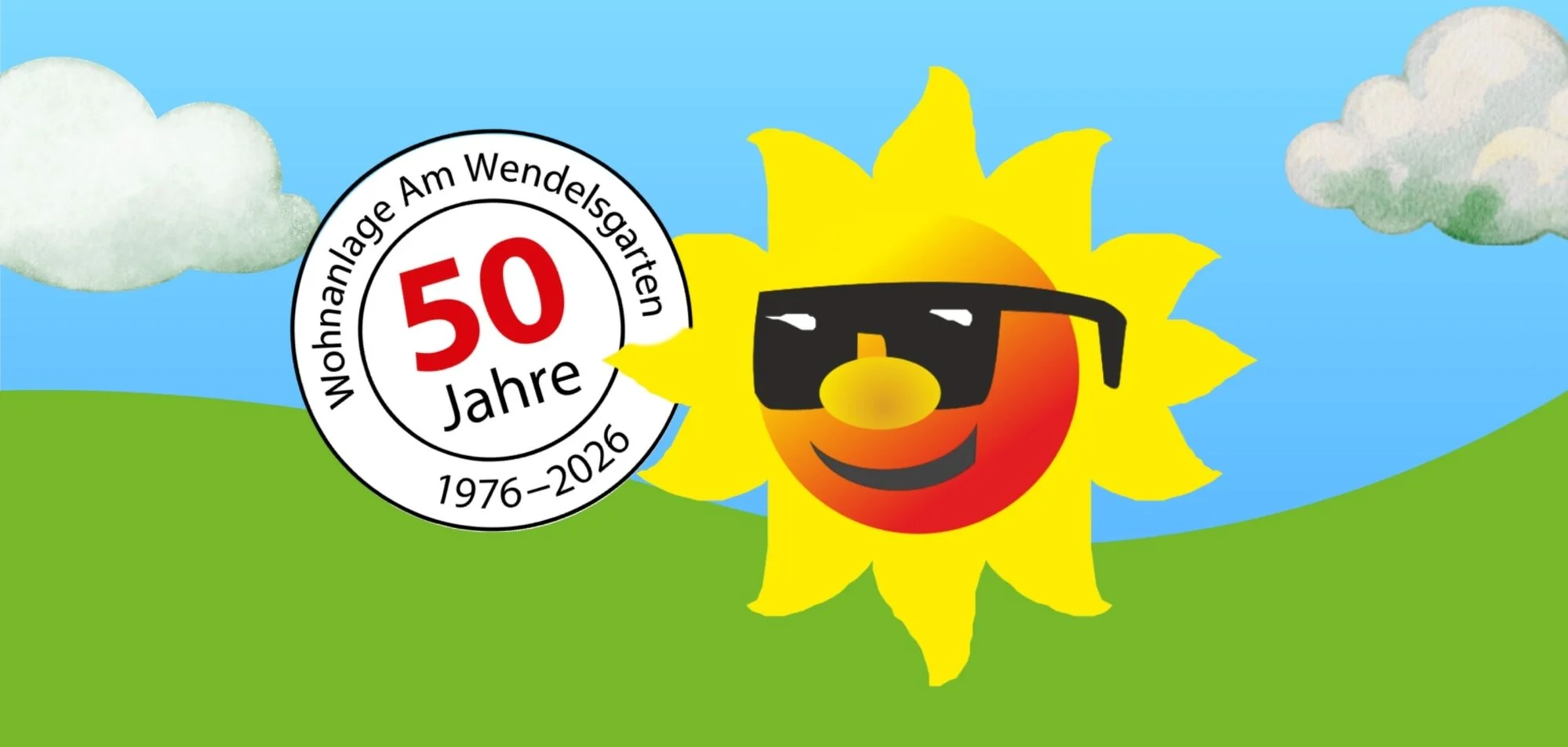 Sonne mit Sonnenbrille und Logo 50 Jahre.