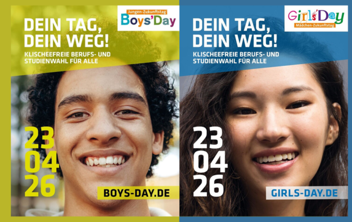 Plakat vom Girls und Boys Day mit jeweils einem jungen mann und einer jungen Frau.