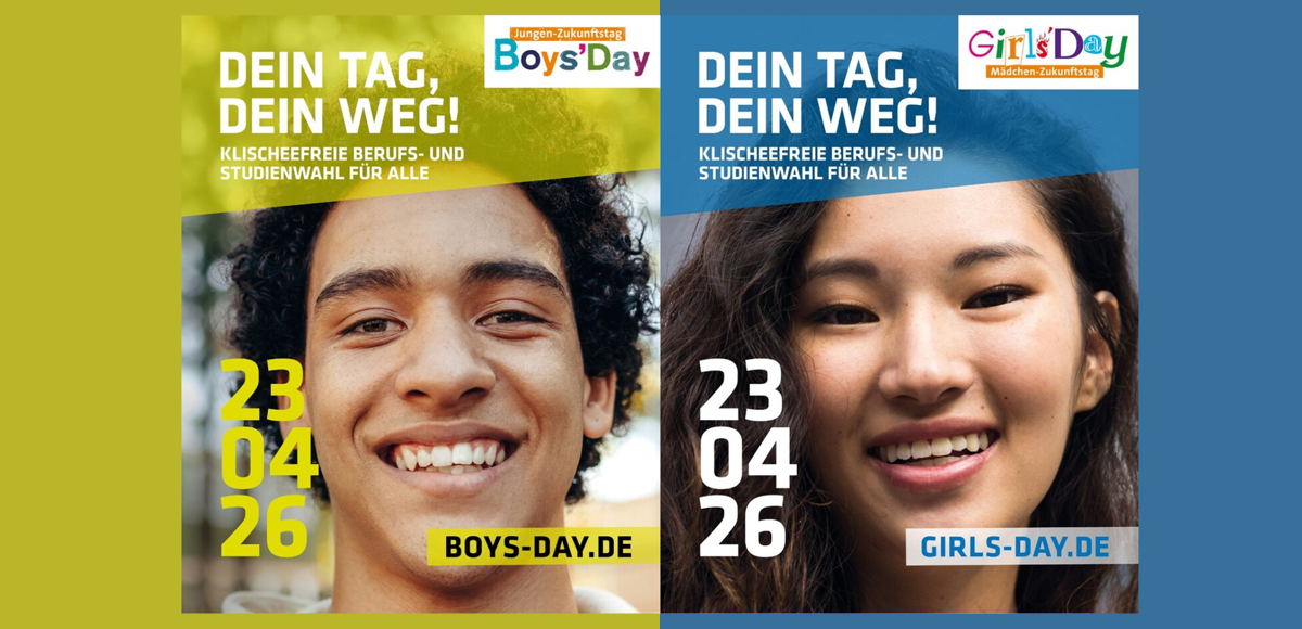 Plakat vom Girls und Boys Day mit jeweils einem jungen mann und einer jungen Frau.