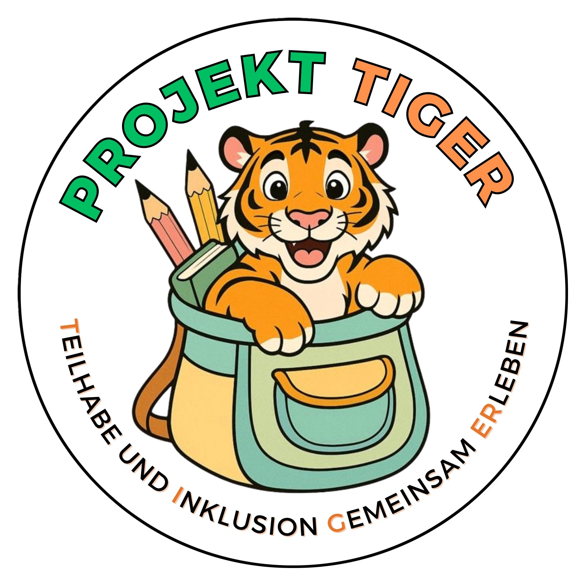 Logo des TIGER-Projekts: Tigerkind klettert aus Schultasche.