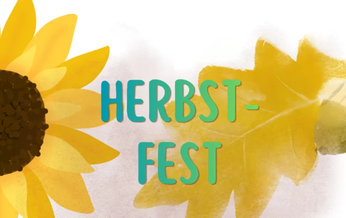 Gezeichnete Sonnenblume und Eichelblatt mit Eicheln in Gelb neben dem Schriftzug „Herbstfest“.