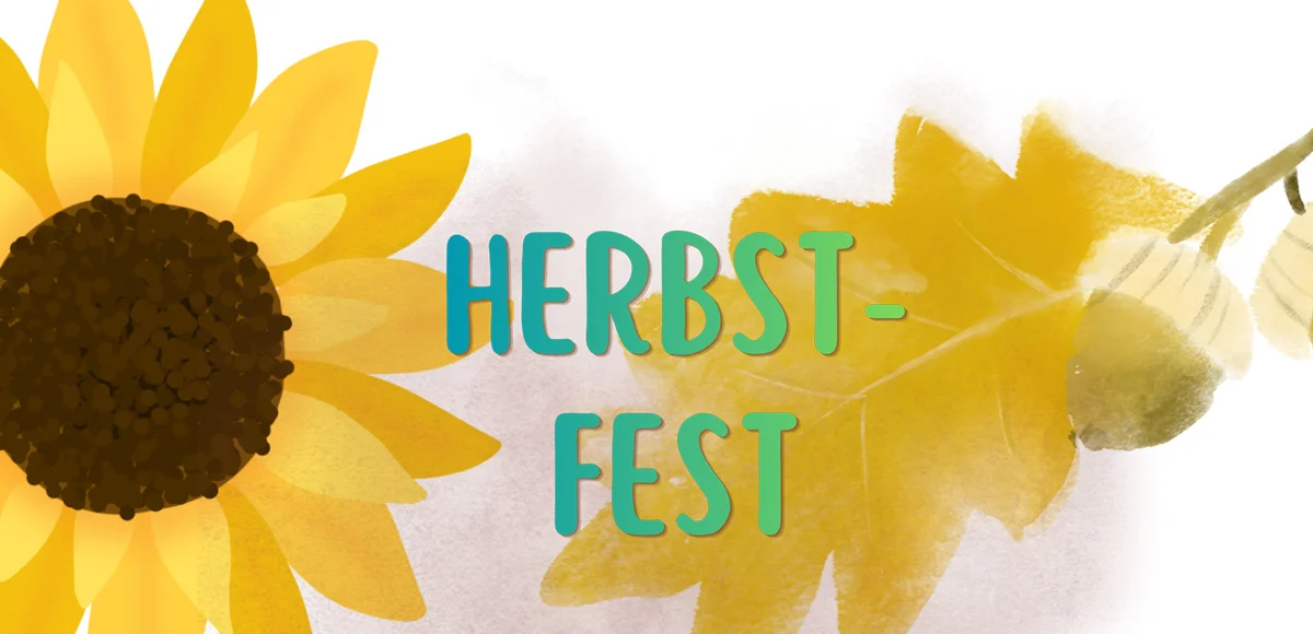 Gezeichnete Sonnenblume und Eichelblatt mit Eicheln in Gelb neben dem Schriftzug „Herbstfest“.