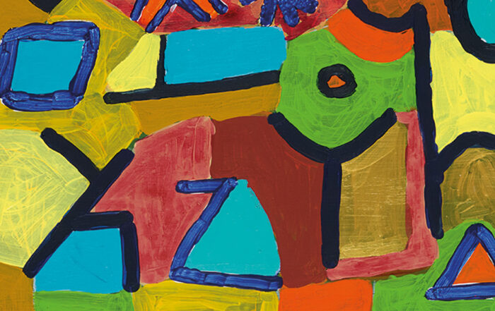 Abstraktes Kunstwerk mit vielfältigen Farben und Formen in dynamischer Anordnung.