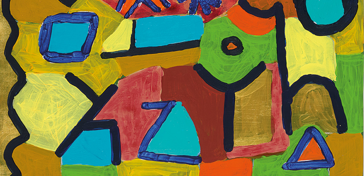 Abstraktes Kunstwerk mit vielfältigen Farben und Formen in dynamischer Anordnung.