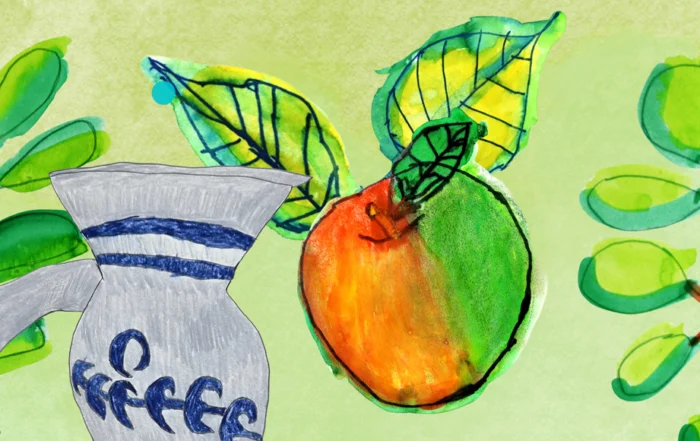 Collage aus gezeichnetem Bembel mit Blüten, Blättern und einem Apfel.