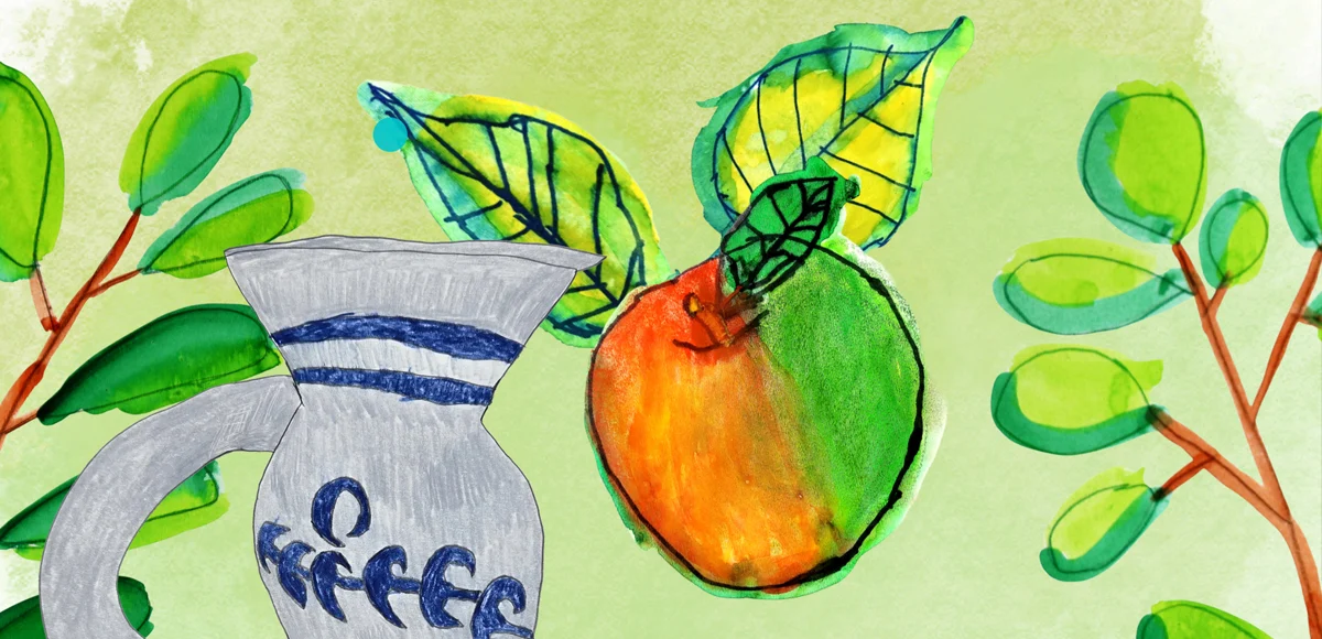 Collage aus gezeichnetem Bembel mit Blüten, Blättern und einem Apfel.