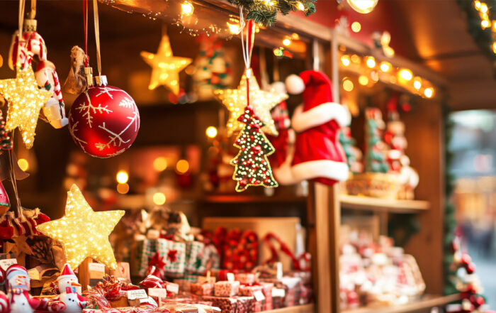 Weihnachtsmarktstand mit Kugeln, Sternen und Baumanhängern.