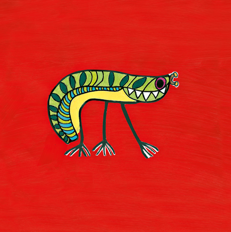 Gezeichneter Drache auf feuerrotem Hintergrund.