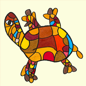 Bunte Mosaikmuster auf einer gezeichneten Schildkröte.