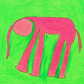 Zeichnung eines pinken Elefanten auf grünem Hintergrund.