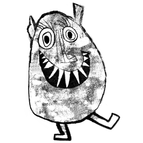 Schwarz-weiße Zeichnung eines lachenden Monsters.