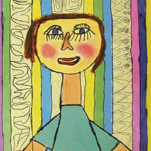 Gemaltes Porträt einer Frau vor gestreiftem Hintergrund.