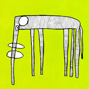 Zeichnung eines Elefanten in Schwarz-Weiß auf grünem Hintergrund.